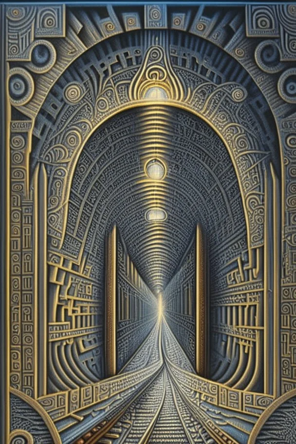 Then it comes to be that the soothing light at the end of your tunnel Was just a freight train coming your way; Precisionism, insanely detailed, intricate, award-winning, foreboding, sinister, surrealism, Optical Art, award-winning, trippy Hieroglyphics, Symbolism, Dystopian, Elegant, Fantastical, Intricate, Hyperdetailed, Holographic, Magnificent, Meticulous, Mysterious, Ominous