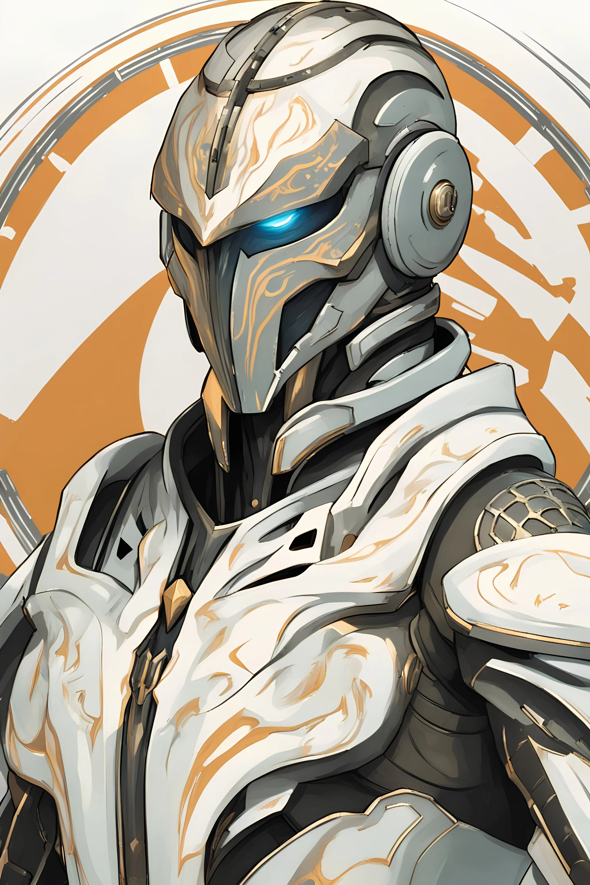 frontal portrait of a futuristic knight half-body, the knight inspired by warframe, in the background a circular sci-fi pattern, closed helmet, needs to be a frontal portrait