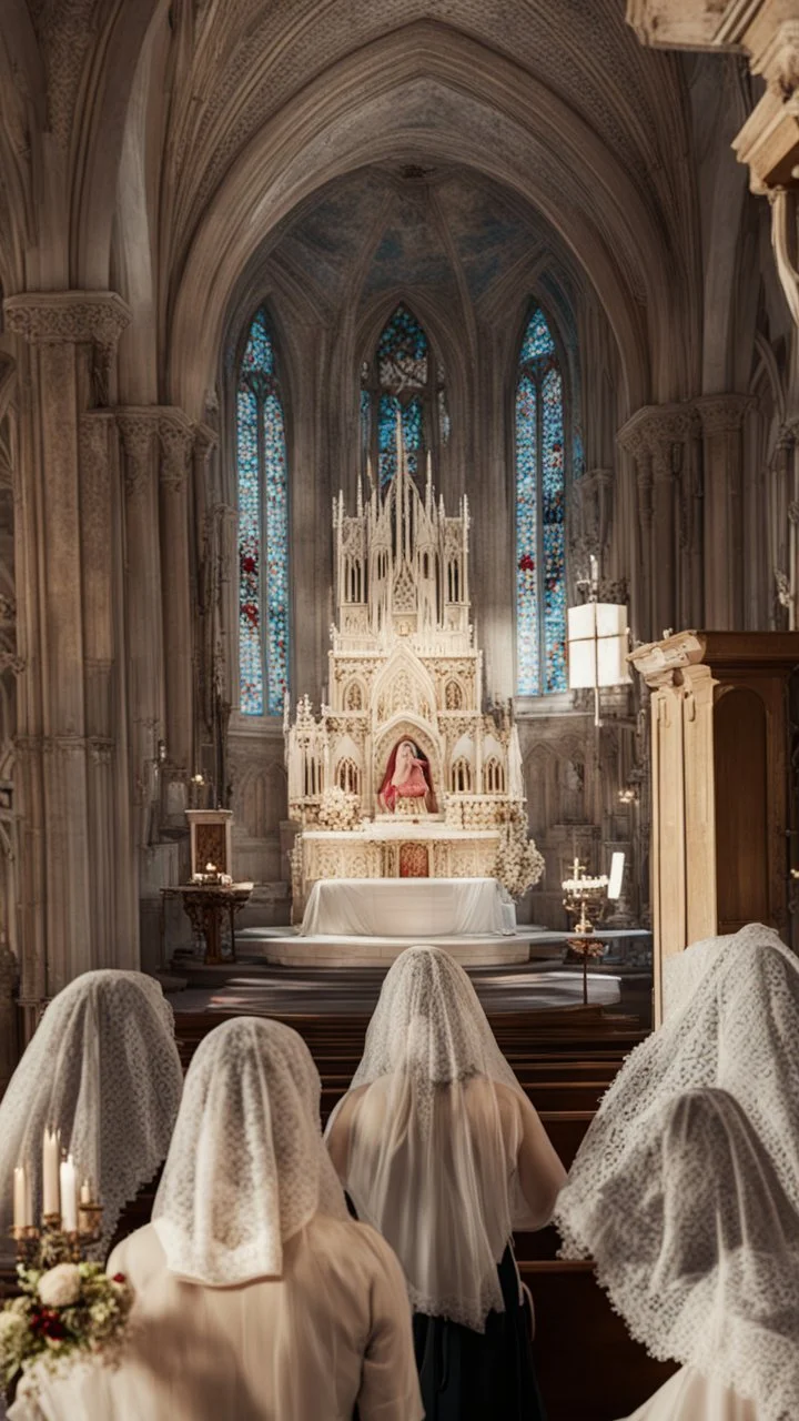 girl alone wearing lace veil with blood on it praying in church.cinematic.