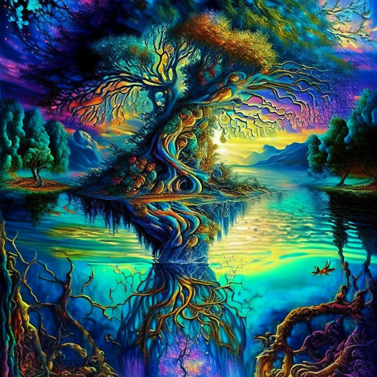 Imaginary landscape trees. . And he sells. Meh. lake.Underwater ..Sky Falls ornamental perfect anatomy, fantasy, vibrant digital art professional award winning masterpiece, oil on canvas Atmospheric extremely detailed Josephine Wall