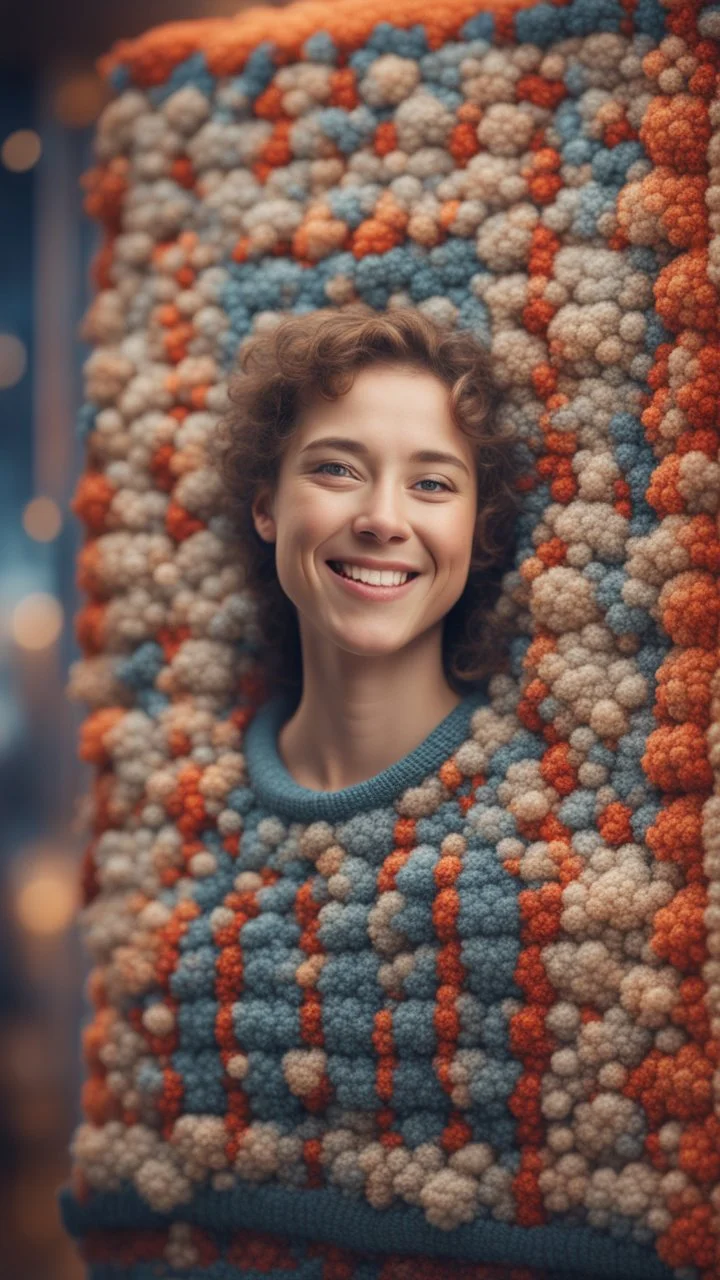 a happy blissed person woven into a knitted tapestry wall, bokeh like f/0.8, tilt-shift lens 8k, high detail, smooth render, down-light, unreal engine, prize winning