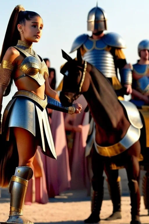 ariana grande in greek armor at the fall of the city of Troy trojan horse high quality