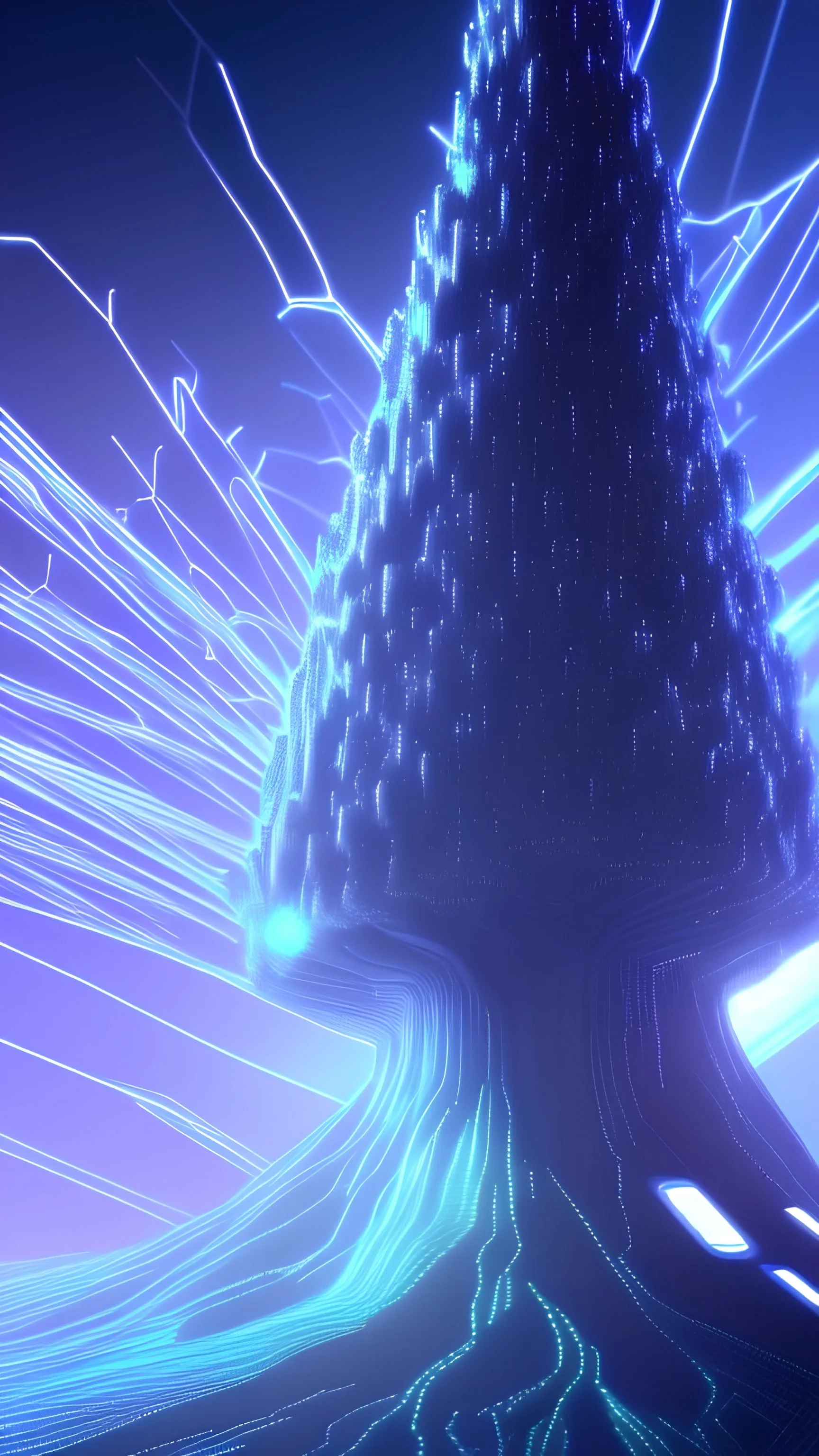 Generate a cyber-themed wallpaper featuring a futuristic tree of Yggdrasil. The tree should be depicted as a network of circuit lines and nodes resembling branches and leaves. The colors of the tree should be sky blue hues coupled with electric blue highlights, to create a unique yet appealing hacking vibe. The background of the wallpaper should be mostly dark to accentuate the cool blue tones of it. The overall aesthetic should be modern, while paying homage to traditional roots of Yggdrasil.