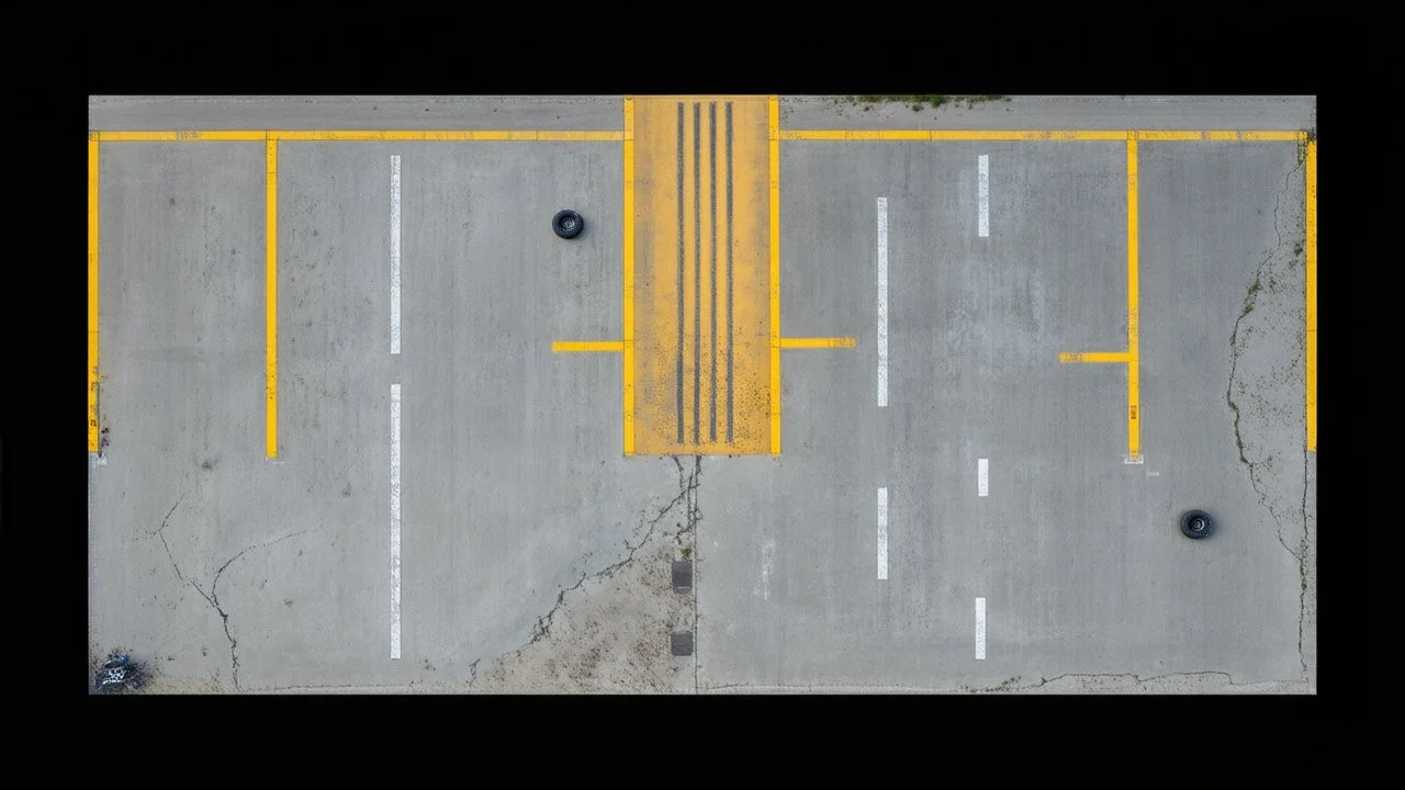 Ground layout for a covered concrete parking lot. Add tire tracks, oil ground stains, cracks and weathering. and make a little darker