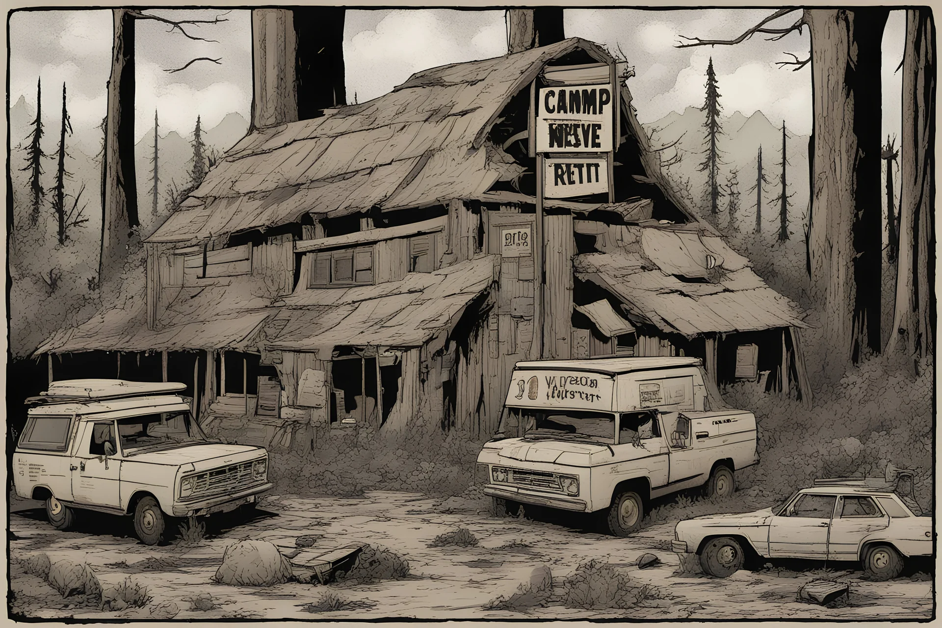 Lodge, administrative, overgrown, post-apocalyptic, comic book, camp site signs