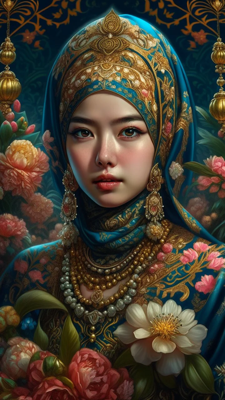 Beautiful face Indonesia hijaber Princess front view portrait, adorned with giant Jasmine, and lily flower ,roses , golden pearls , zafir gemstone headress, wearing floral, lace, pearls, zafirs ornate indonesia costume, organic bio spinal ribbed detail of Indonesia style full jasmin and rose and persian garden background by the moonlight extremely detailed hyperrealistic maximalist portrait art, 8k, UHD