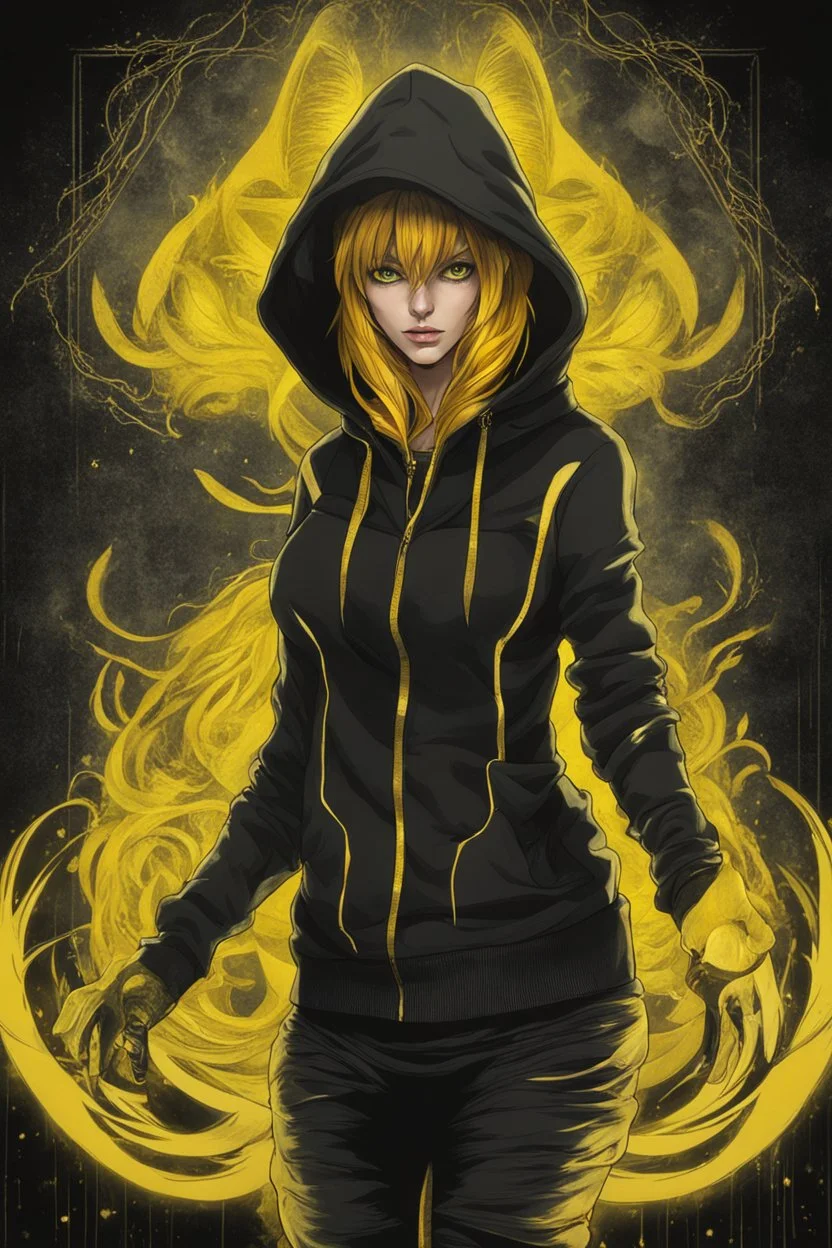 woman with glowing yellow cat eyes, wearing dark hoodie, very detailed, sharp focus, random background, fantasy, stunning