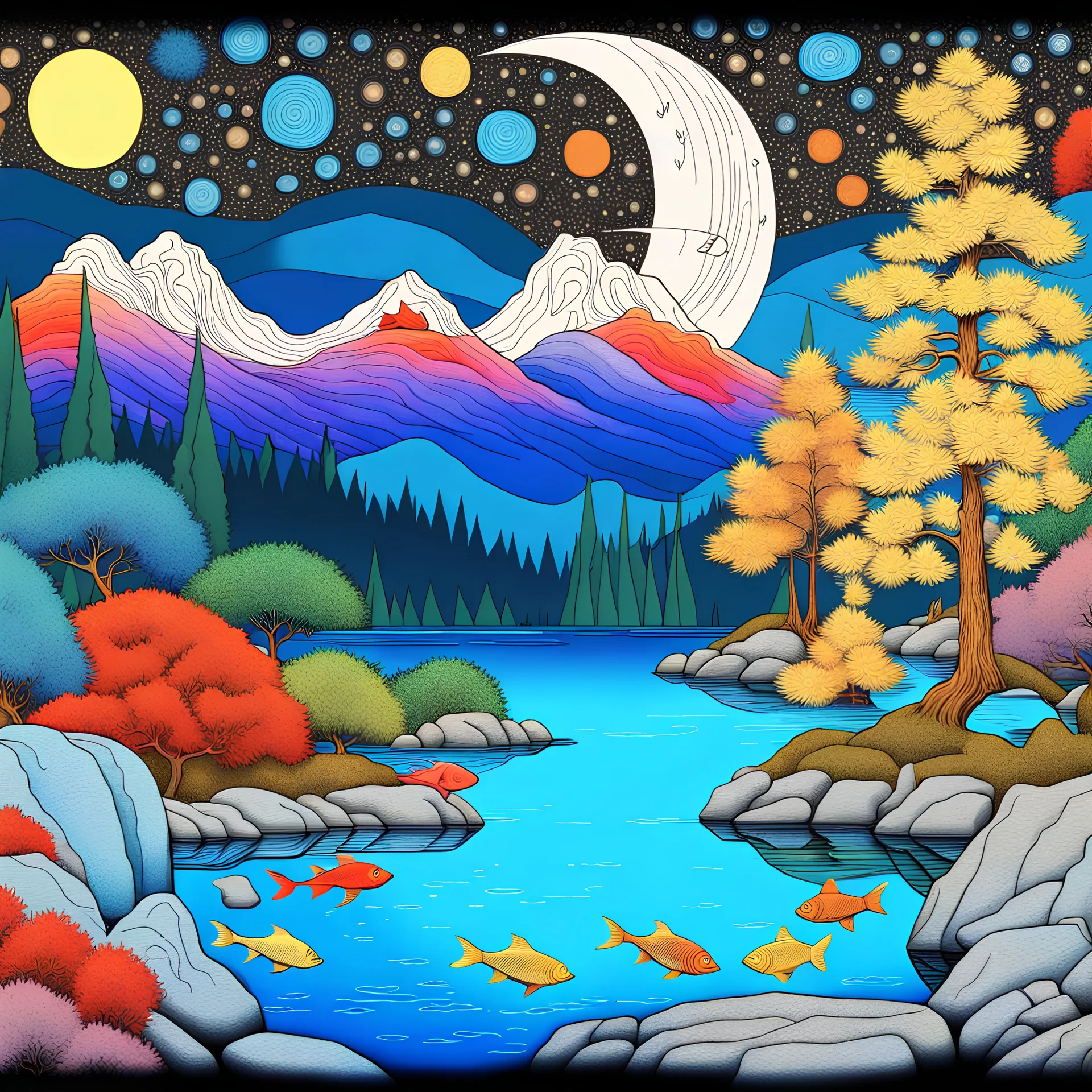 Colourful, peaceful, Max Ernst, Van Gogh, Hiroshige, night sky filled with stars, trees, rocks, waterfall, fish, one-line drawing, sharp focus, 8k, 3d, intricate, ornate