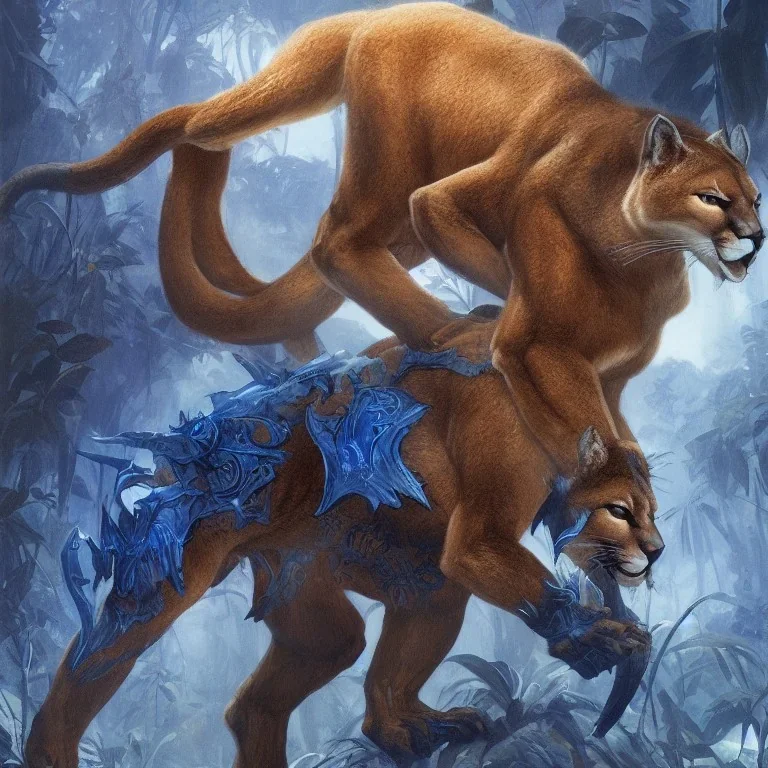 A Fantasy painting of an angry cougar in full blue and white armor, Inka jungle background, Blue fire coming out, highly detailed, digital painting, Artstation, concept art, matte, sharp focus, illustration, dramatic, art by artgerm and greg rutkowski and alphonse mucha