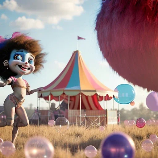 Ultra realistic circus scene. Sweet big hair monster flying, playing with Child’s, smile, happy, color bubbles, smooth color, waist up view, Wes Anderson style, a lot of people background, highly detailed, concept art, unreal engine 5, god rays, ray tracing, RTX, lumen lighting, ultra detail, volumetric lighting, 3d, finely drawn, high definition, high resolution.