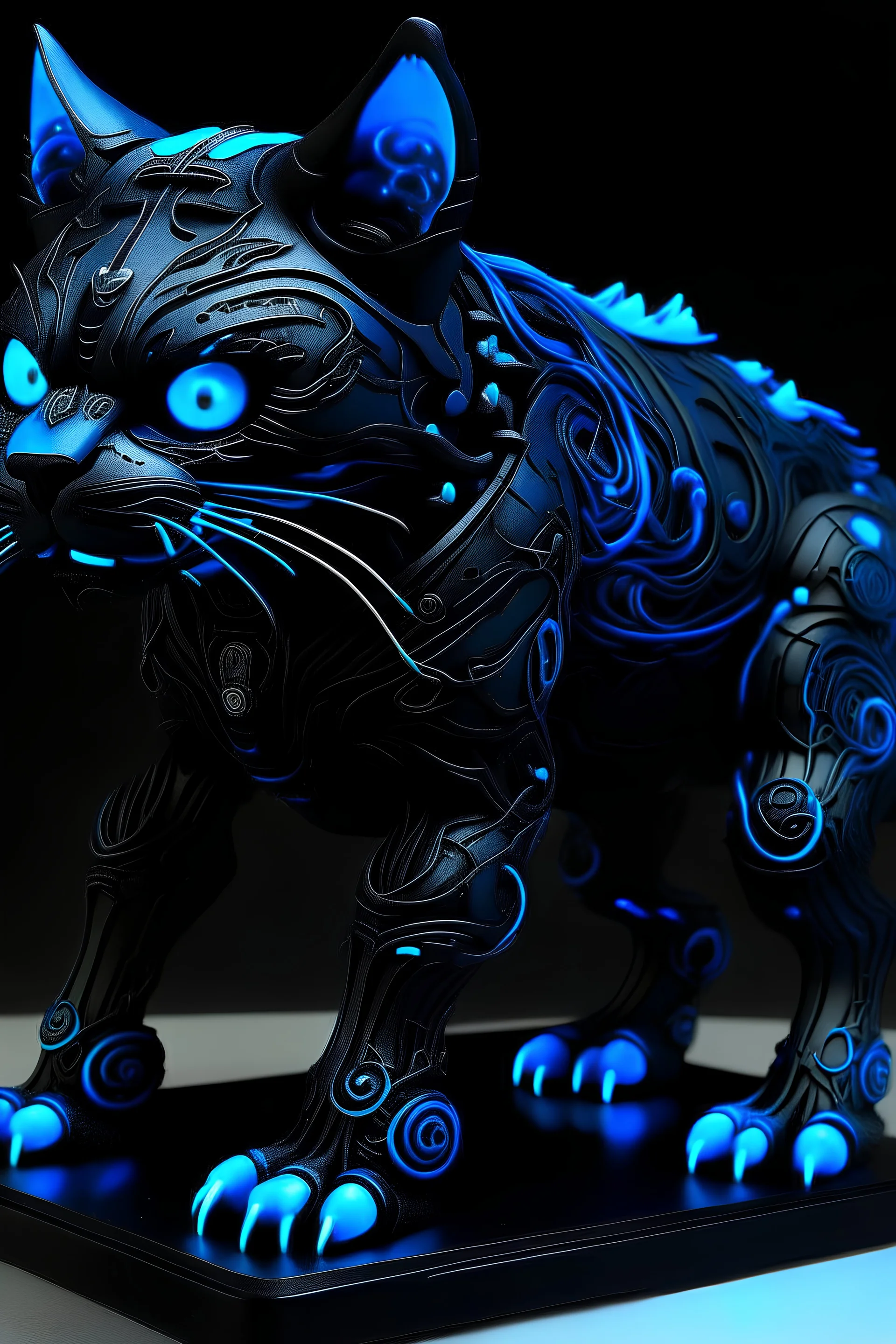 Faça um monstro gigante felino preto com detalhes azul neon majestoso