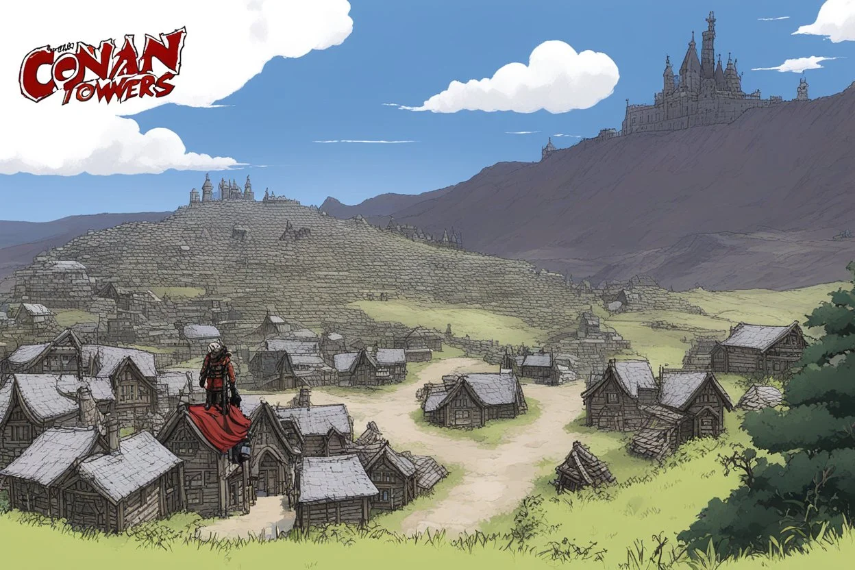 [wii No More Heroes style with thick lines] When the last huddled village fell behind him, Conan left the road, which was beginning to bend toward the northwest, toward the distant passes. To keep to the road would mean to pass by border towers, still garrisoned with armed men who would not allow him to pass unquestioned.