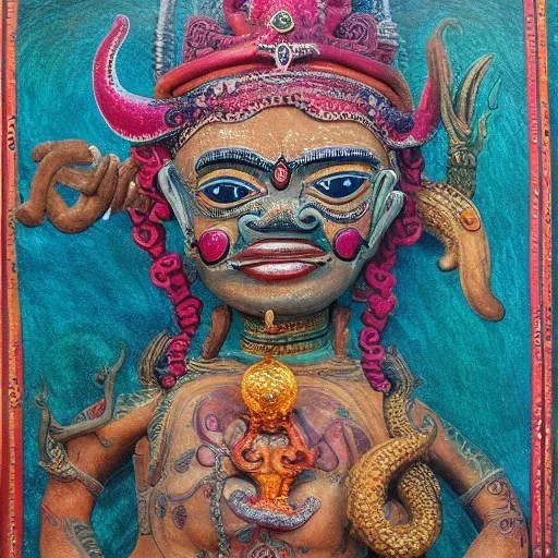 bali god painting with octopus body AND cow head with detailed jewelry and 4 eyes