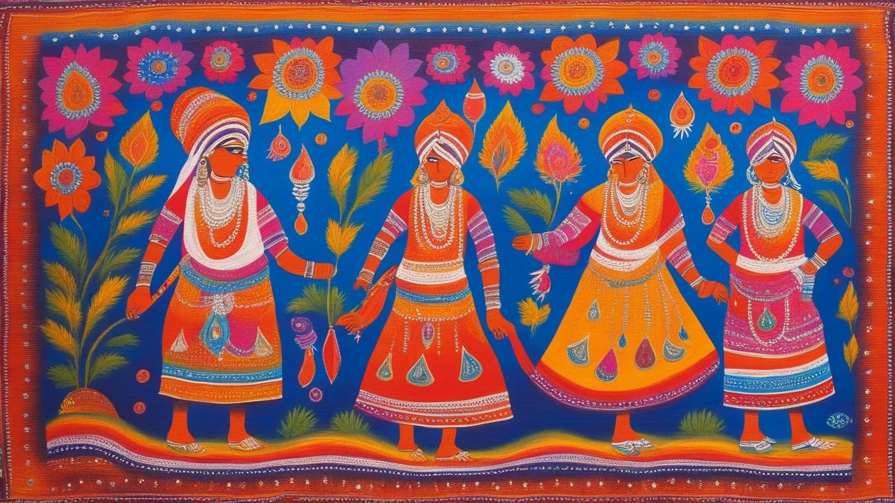 Typical Colorful Rajasthani Cloth Folk Traditional Art Painted From Acrylic Paints.