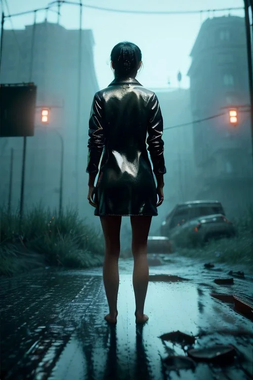 Ultra Realistic image, 25 years old brunette woman, Madrid, portrait, small stature, small chest, yakuza body tattoo, latex dress, short, rain, fog, dark, leds, neon, cyberpunk, vibrant color, highly detailed, art stations, concept art, smooth, unreal engine 5, god rays, ray tracing, RTX, lumen lighting, ultra detail, volumetric lighting.