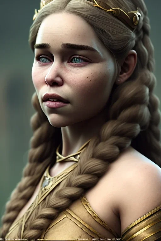 emilia clarke, head and shoulders portrait, viking clothes, realistic, unreal engine, cinematic lighting, octane render.