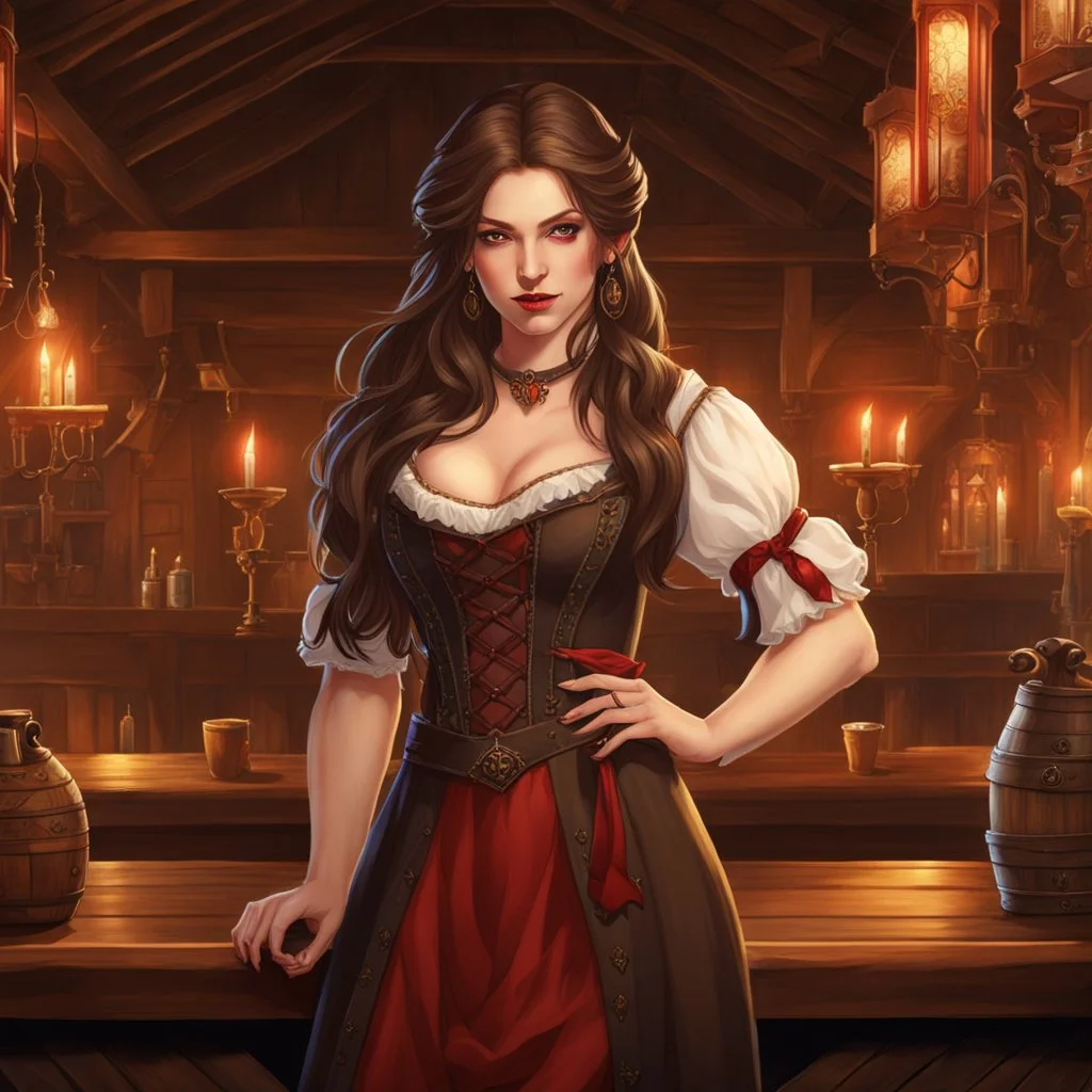 An arrogant looking young woman with pale skin and long brown hair in a fantasy tavern setting with intricate details. She is smirking, a tavern wench, has red eyes, an air of malevolent power surrounds her. High definition.