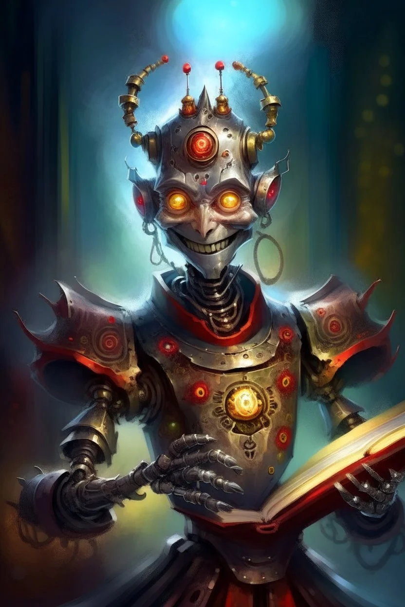 book illustration, oil painting portrait of slightly knightly smirking robot vampire holding magical shuriken, bokeh , high detail, smooth render, prize winning