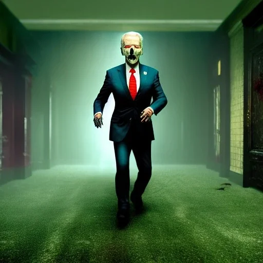 Ultra realistic image, joe biden zombie, zombie performance, skull, grey glow eyes. green blood, torn arm, night, walking twisted, waist up view, thriller style, dark ambient, highly detailed, White House background, concept art, unreal engine 5, god rays, ray tracing, RTX, lumen lighting, ultra detail, volumetric lighting, 3d, finely drawn, high definition, high resolution.