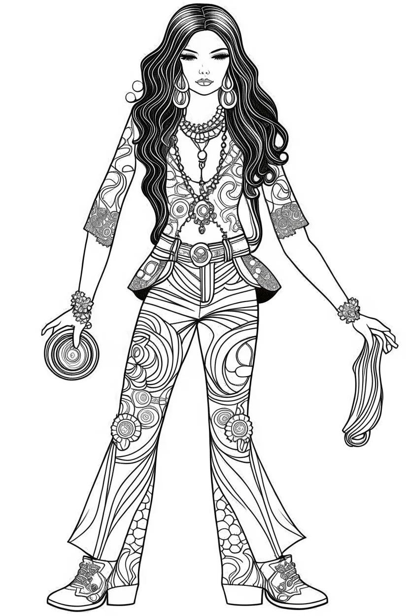 Outline art for coloring page OF 1960'S HIPPIE WOMEN'S PANTS ONLY, coloring page, white background, Sketch style, only use outline, clean line art, white background, no shadows, no shading, no color, clear