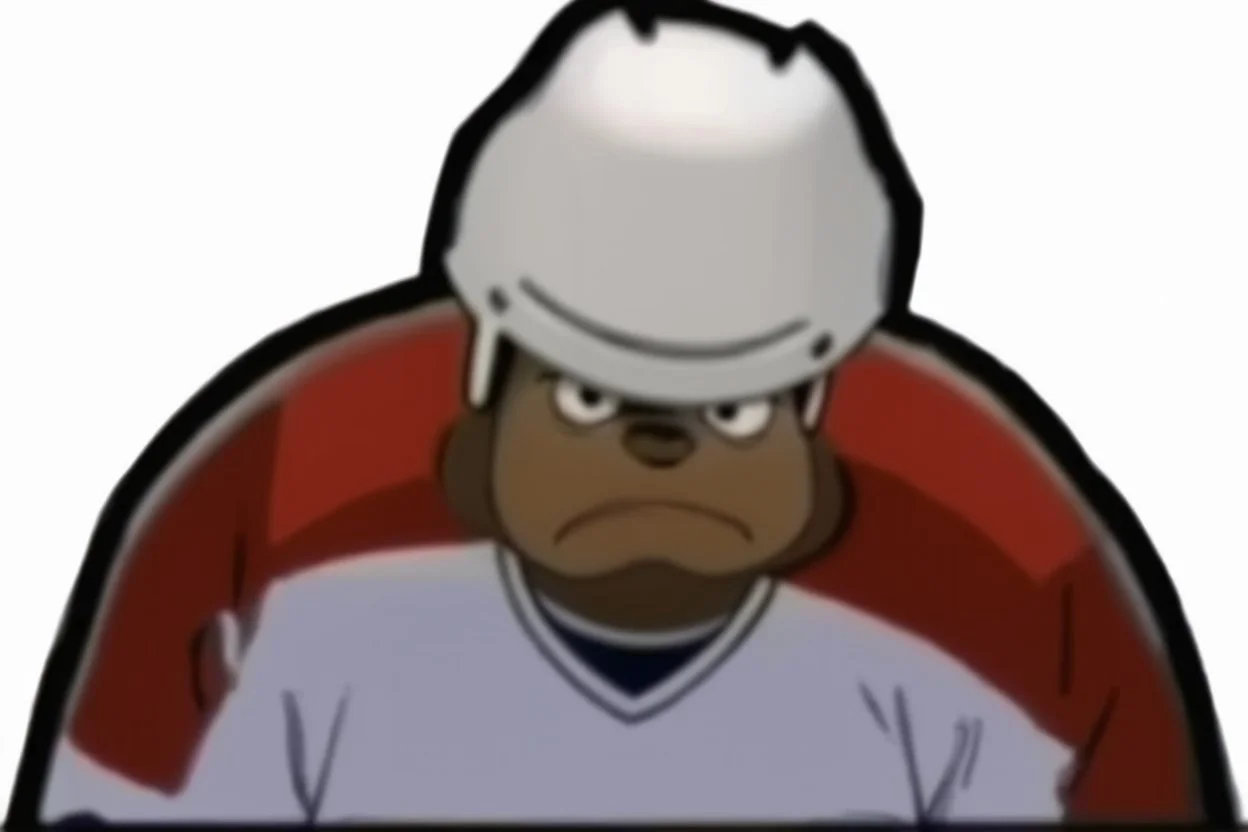 Calvin and Hobbs cartoon of an angry Calvin pouting with head down wearing a hockey helmet, line art cartoon