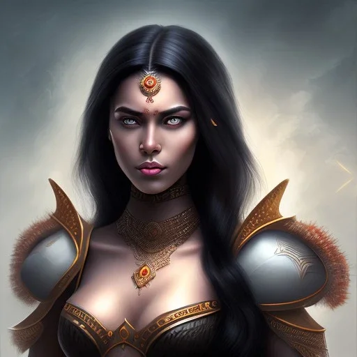 fantasy setting, dark-skinned woman, indian, green and black hair