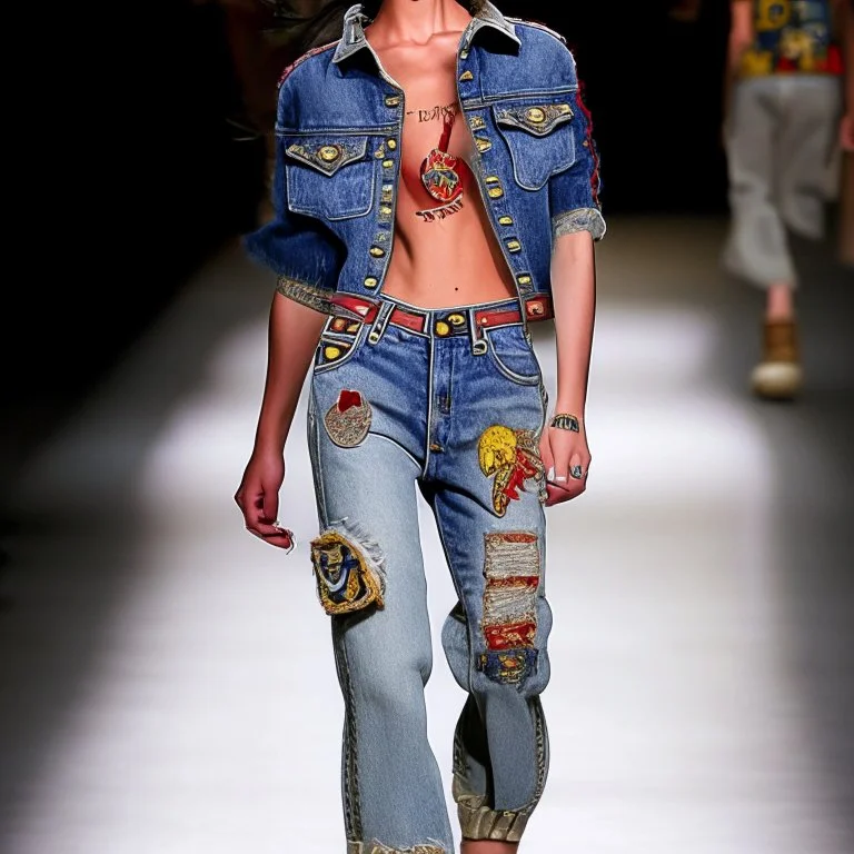 latin model catwalk wearing cargo jeans with patch embroidered