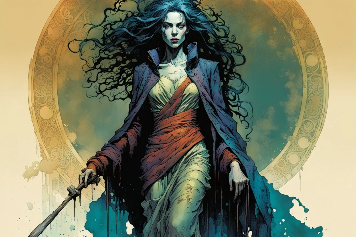 create a wildly imaginative full body portrait of an ethereal, otherworldly , gnarled and emaciated ancient antediluvian female vampire sorceress, dressed in ragged , decayed ornate robes , in the comic book art style of Bill Sienkiewicz, Mike Mignola, and Jean Giraud Moebius, with highly detailed feminine facial features , finely drawn, colored and inked,