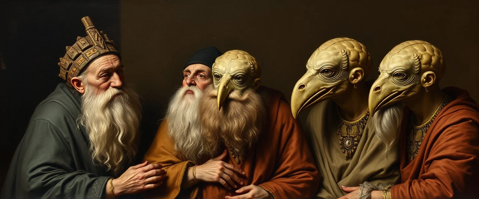 master oil painting by Rembrandt realistic rendering Portrait of the Apkallu sages who were sent by the god Ea to teach civilization to humanity before the flood. They were depicted as half-human and half-fish or bird, and were associated with wisdom, magic, and culture.