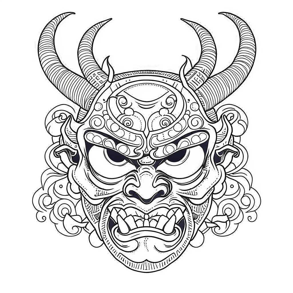 White, minimalis line art , oni mask japanes scarry, vector, white background, outline, with images neatly contained within the background, just black and white color,