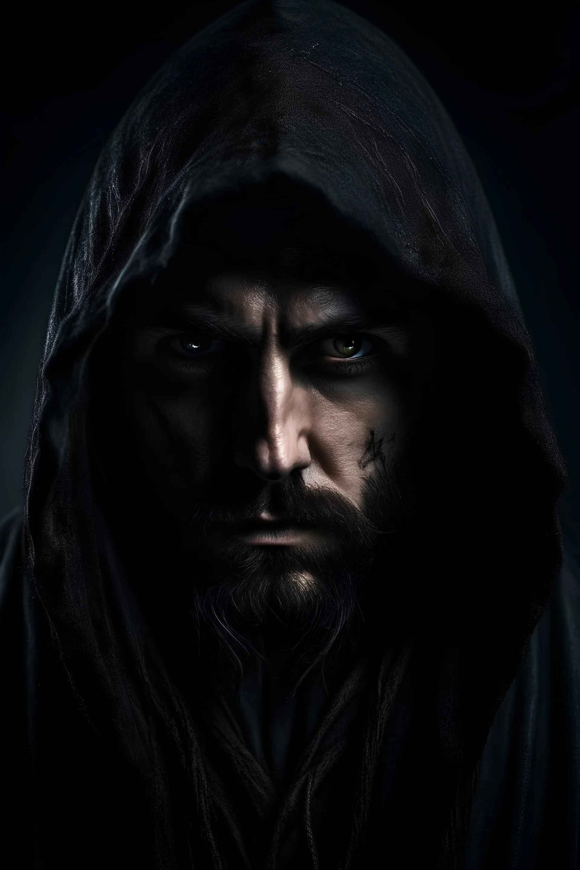 a dark hooded warlock with beard, black long hair, evil black eyes, dark scarrings face