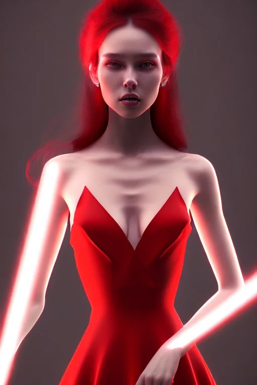 Adorable woman in red gown volumetric light ray in haze but cheater