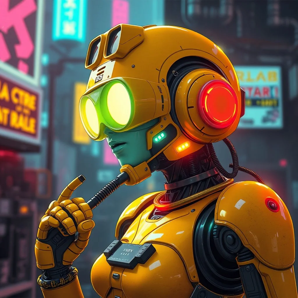 a feminine robot, yellow, dystopia, cyberpunk, neon, post apocalyptic, vintage anime