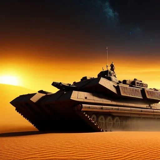 volumetric dramatic desert Battle scene with futuristic hovering military armored Hovercraft tank painted by chris foss,Laser turret, floating, 4k, 8k, [hovercraft] Minutiae, highly detailed, render, rivets, hovering, stripes, sunset duststorm, nimbus clouds