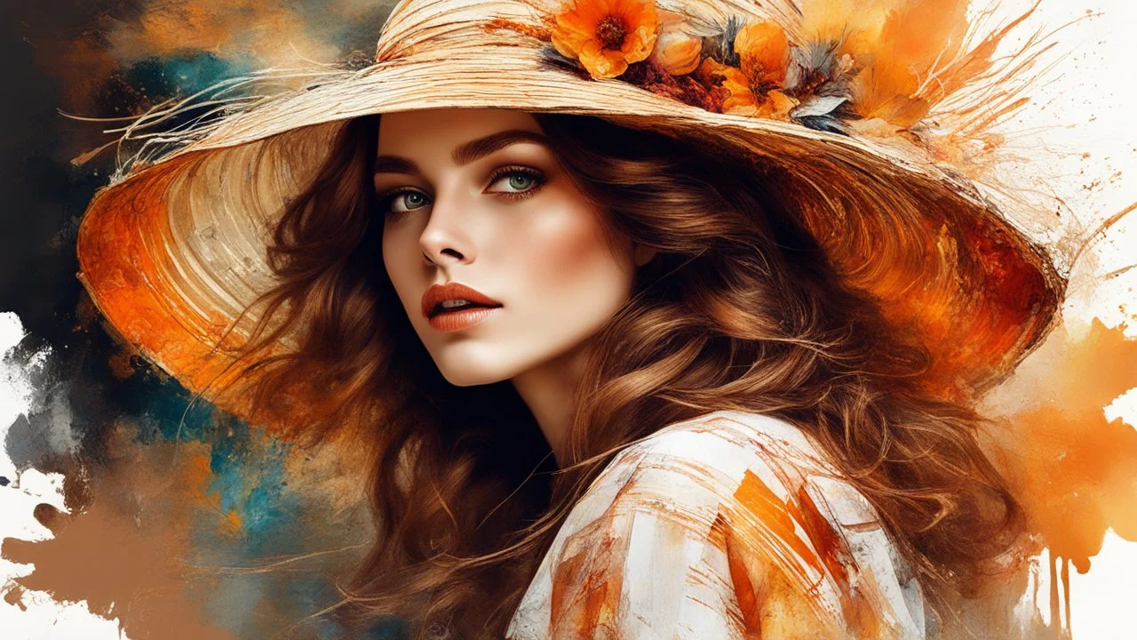 Vintage art, brown and orange shades, sunny day, straw hat for woman, summer dress, splashes of art, in the style of Dante Gabriel Rossetti, Yossi Kotler, Camilla D'Errico, masterpiece, fine art in the style of Carne Griffiths, Paula Hoppe
