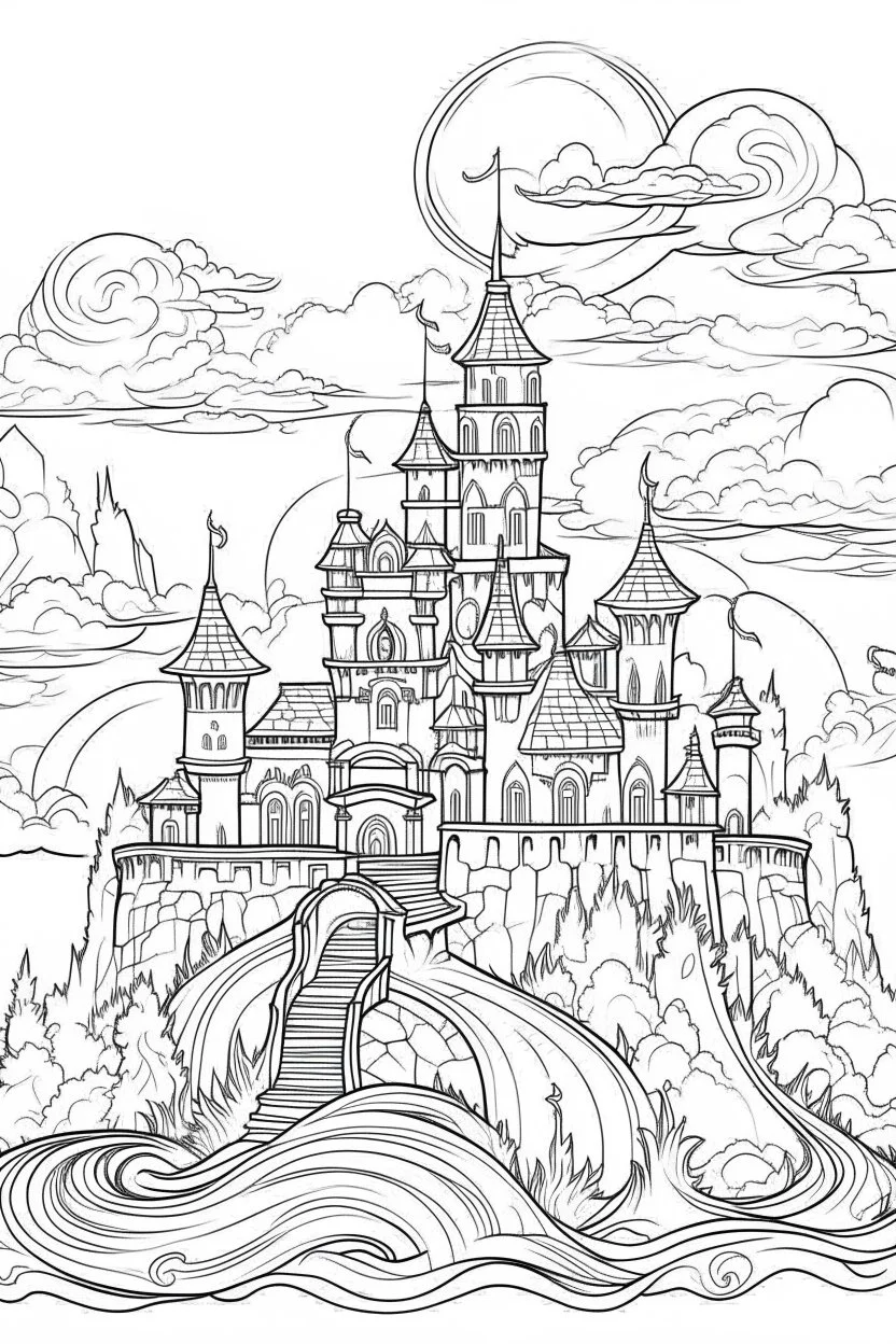 A spooky castle on a hill, surrounded by fog and illuminated by lightning. Outline, sketch style, only use outline, mandala style, clean line art, white background, no shadows, no clear wall, coloring page.