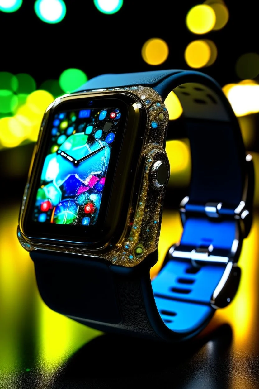 Envision the iced-out Apple Watch in an urban setting, capturing the play of city lights against its faceted surface, reflecting the vibrant energy of a bustling metropolis.