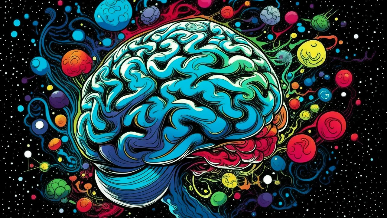 "Design a vibrant comic-styled artwork that captures the essence of a mighty brain, depicted as a tangible galactic entity. The brain itself should be intricately shaded to highlight its convoluted crevices, delicately lit by distant stars. The backdrop is to be an amalgamation of colourful swirling galaxies,