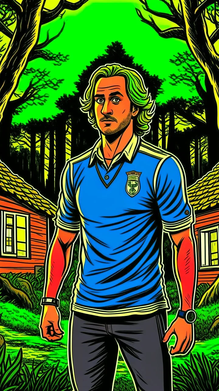 Diego Forlan Football soccer player posing. Dark detective comic. Paranormal house woods.