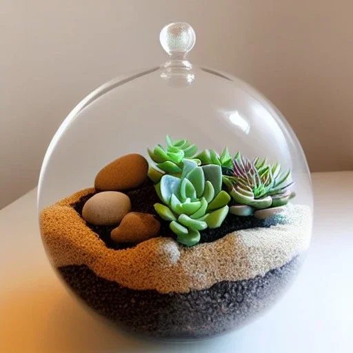 overfilled succulent terrarium in a glass orb, pebbles, pastel colors, warm lighting, sunbeam, adorable, linen backdrop