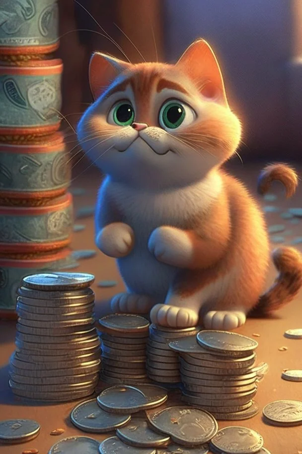 cute pixar cat and money and coins