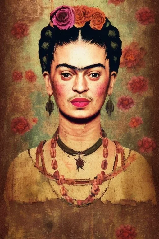 Frida Kahlo , an abstract painting of rusted metal and flowers, afro portrait, rust, scaffolding, iron cladding, decay, mixed media, textured, anatomically correct, beautiful perfect face, sharp focus, highly detailed