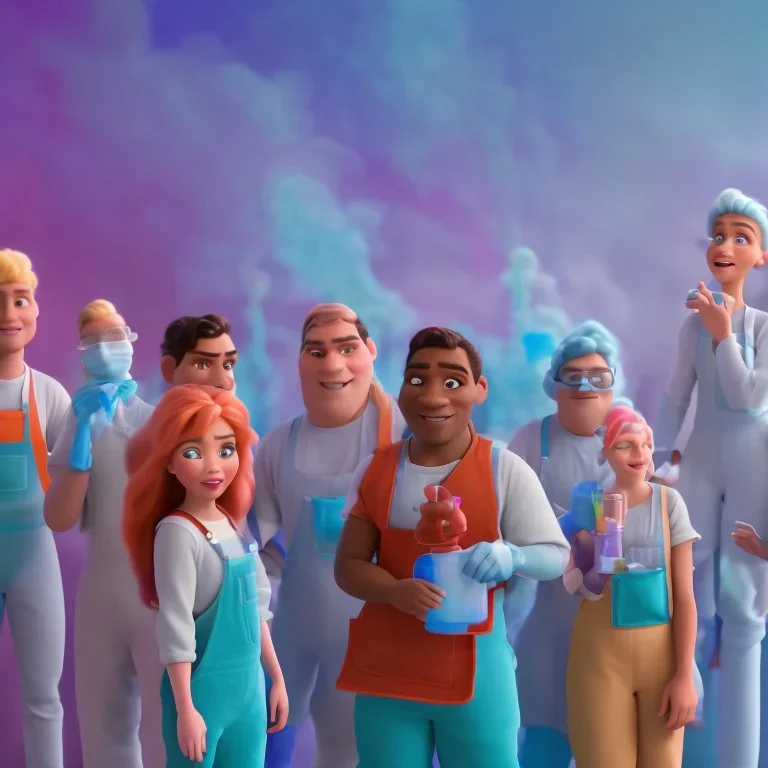 group of scientists is in the laboratory. invent new colors. smoke rises from multi-colored glassware. they are wearing overalls. color swatches in the background. hyperdetailed, orange and teal, warm colors, detailed painting, photorelistic, oil on canvas, light dust, futuristic. volumetric lighting