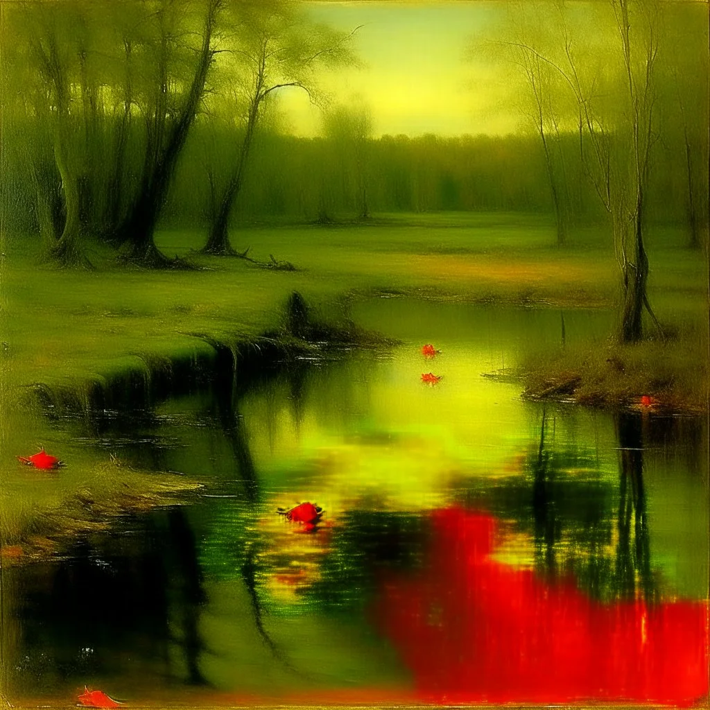 An olive green swamp with fiery orange frogs painted by George Inness