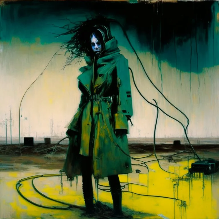 Dystopian future women twisted body with retro monitor head and handing wires. Wearing a trench coat. In desolate landscape at night. With a concrete decaying block. Abstract oil painting in style of Justin Mortimer