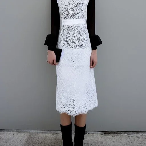 Fashion dress, black dress with black long sleeves, white collar, lace and silk, modern, conceptual design