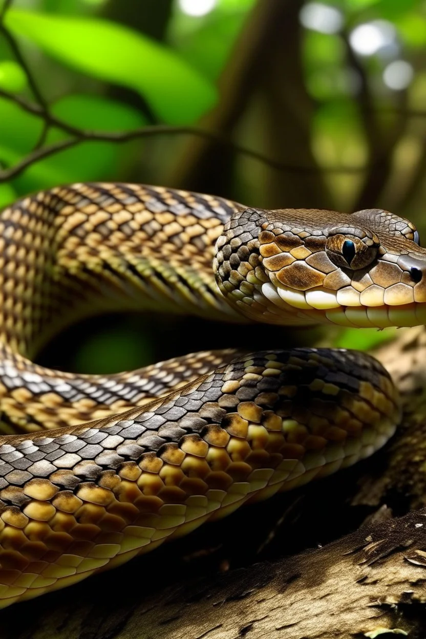 A brown snake on a top of tree branch colour with slimy, scaly skin. It will have large, bulging eyes that glow long, tentacle-like appendages that it .sturdy, yet flexible body,sharp claws on its wings and feet,long, slender tail