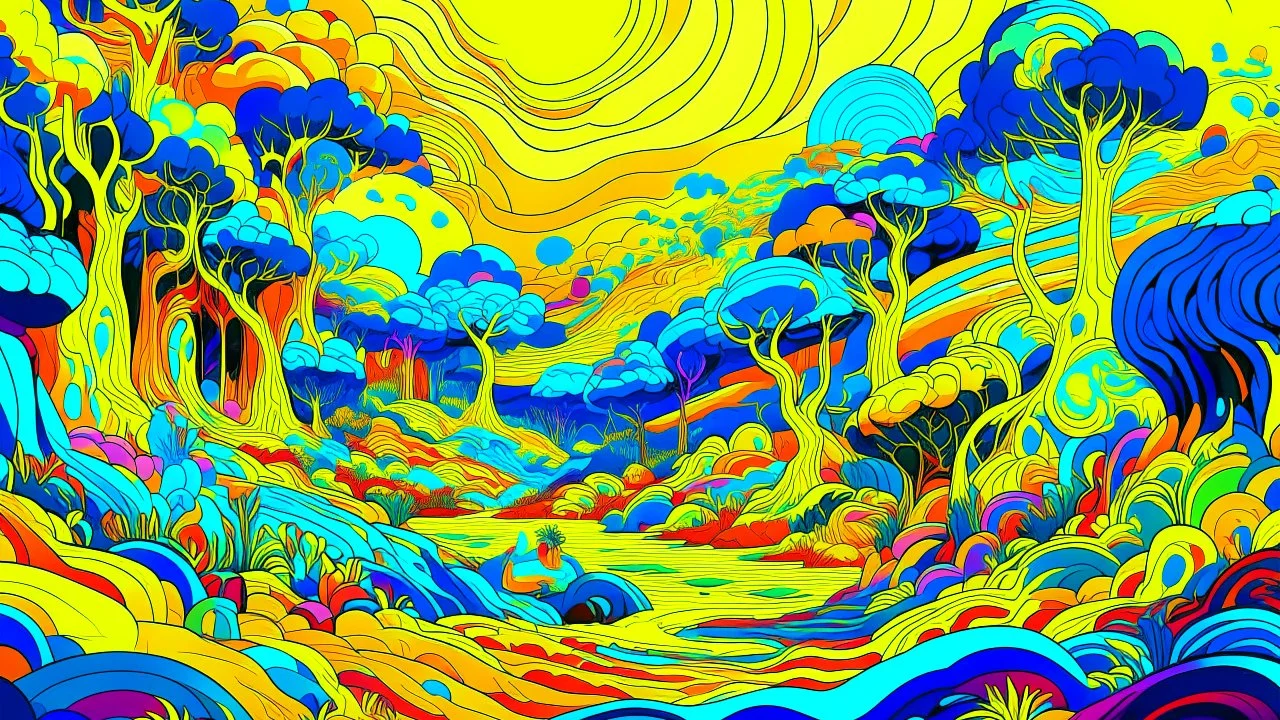Street envisioned in a Psychedelic Safari Vision, with bold patterns and vivid colors creating a surreal landscape. Utilize bright gold and blue hues to capture the wild and untamed essence