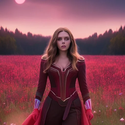 Feiticeira escarlate, Elizabeth Olsen, feiticeira, magia, bonita, cenário em um campo de flores, cinematográfico, dramático, por do sol, campo de flores, cores frias