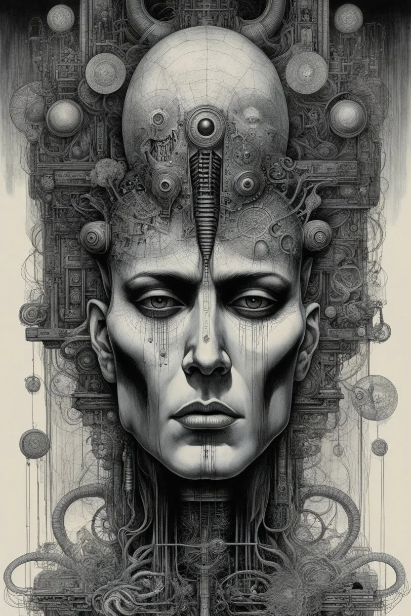 The face of a man with a Indian fathers on head with computer chips and a smoke in the background a thin line draw ، front view camera, decayed and rotting with grotesque proportions and imagery. surreal horror, biomechanical design, by hr giger and beksinski , fine lines draw